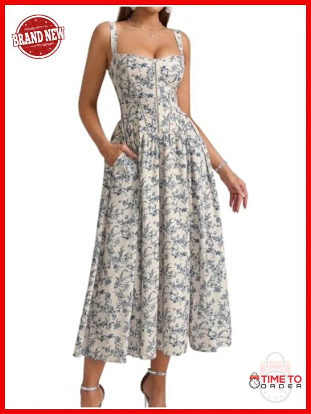 KUTUMAI Summer Floral Corset Midi Dress Lace Square Neck Wedding Guest